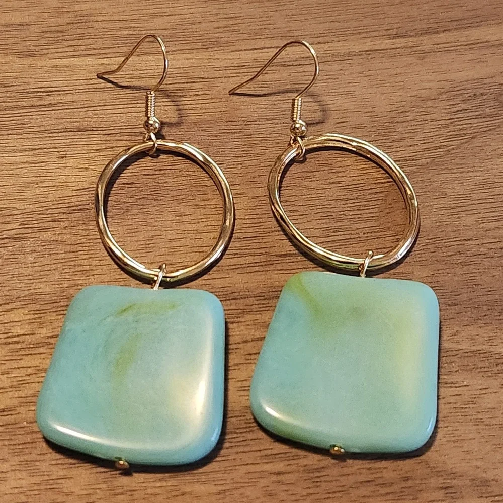 Gold Tone Hoop and Marbled Turquoise Resin Square Geometric Drop Earrings 3 Inch